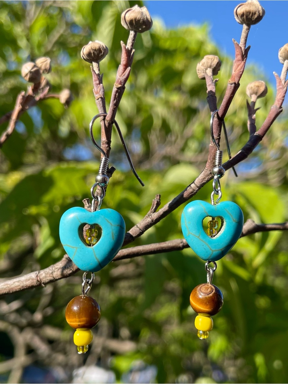 Handcrafted Turquoise and Tiger Eye Heart Drop Earrings with Yellow Accents